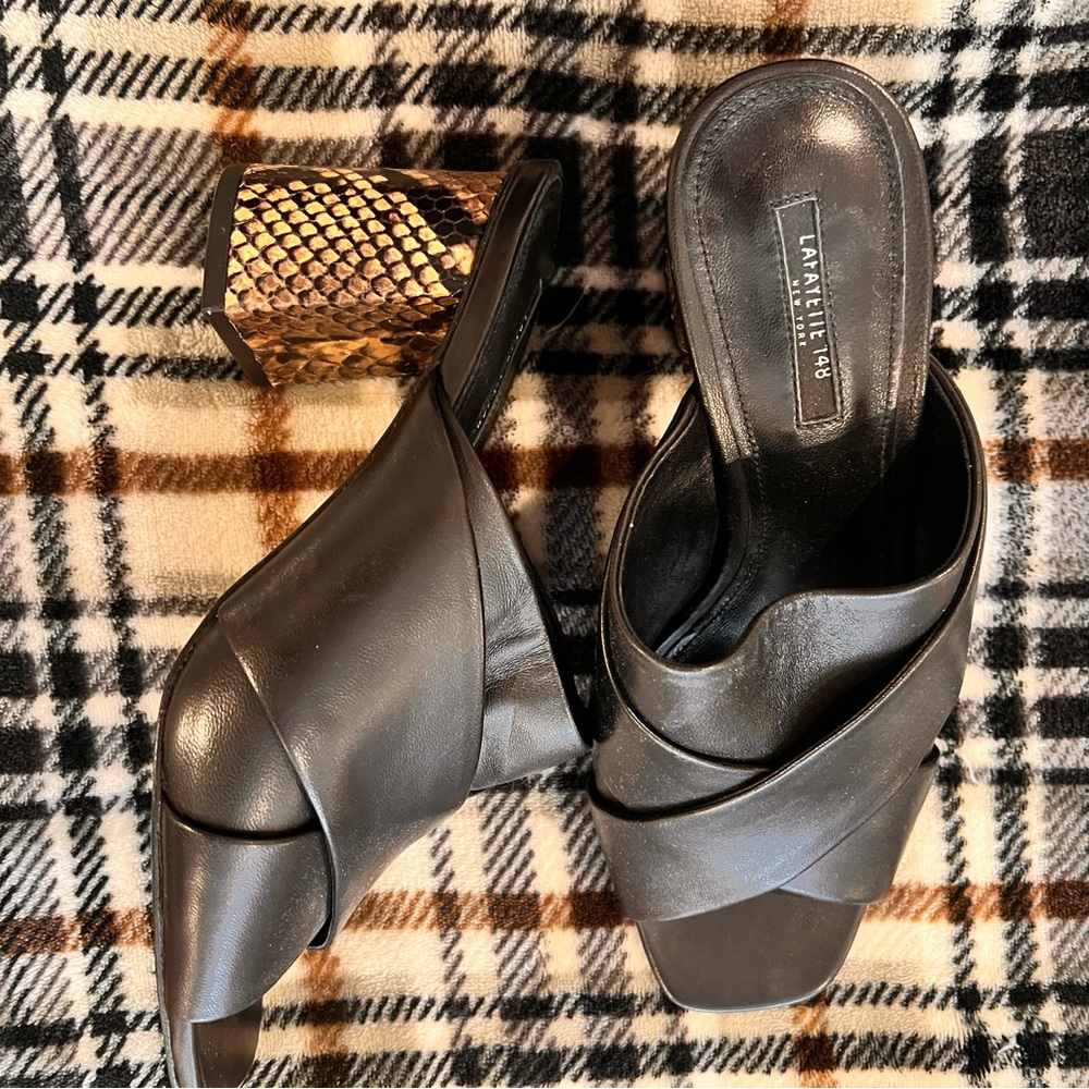 Lafayette 148 Leather Crisscross Mule Sandals with Snake Embossed Block Heel